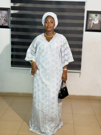 Luxe Luxury African WHITE LACE BOUBOU KAFTAN WIKTH INNER BELT