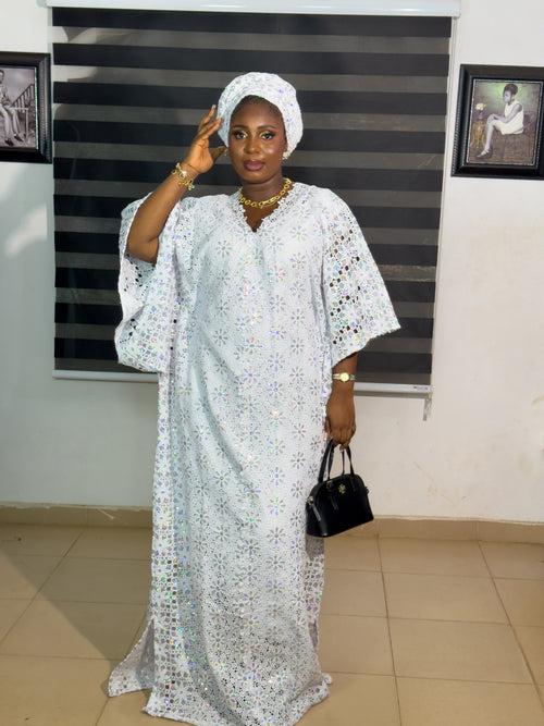 Luxe Luxury African WHITE LACE BOUBOU KAFTAN WIKTH INNER BELT