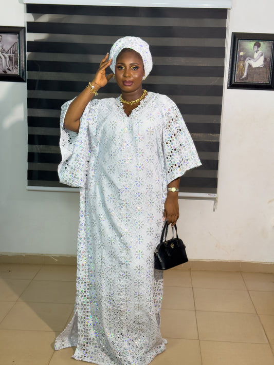 Luxe Luxury African WHITE LACE BOUBOU KAFTAN WIKTH INNER BELT