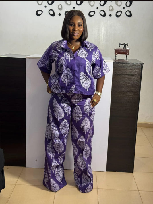 Purple Ankara Two-Piece Set: Handmade African Print Wide Leg Outfit Adire Ankara