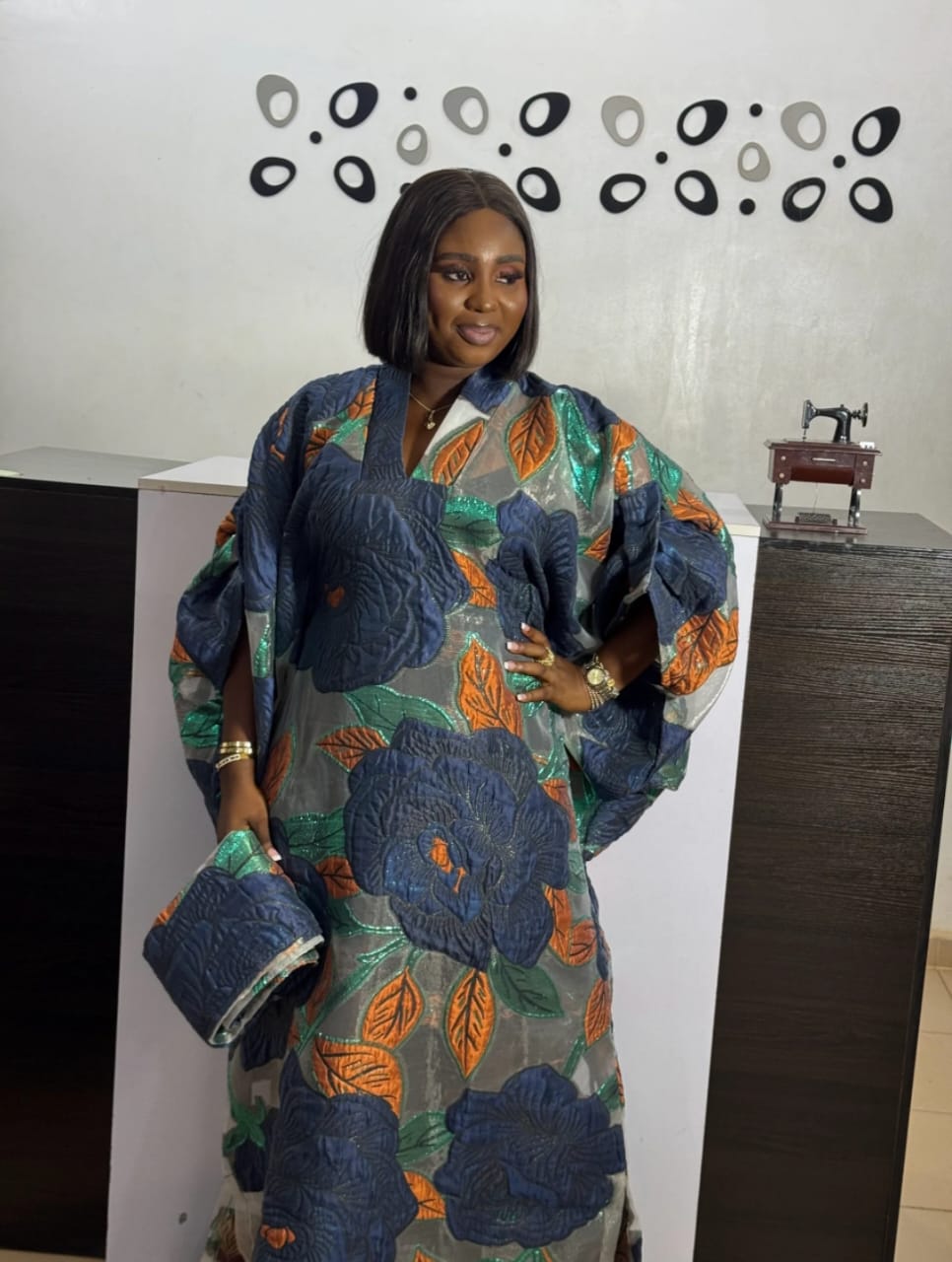 Floral Organza Boubou Gown: Handmade African Kaftan With matching Headwrap