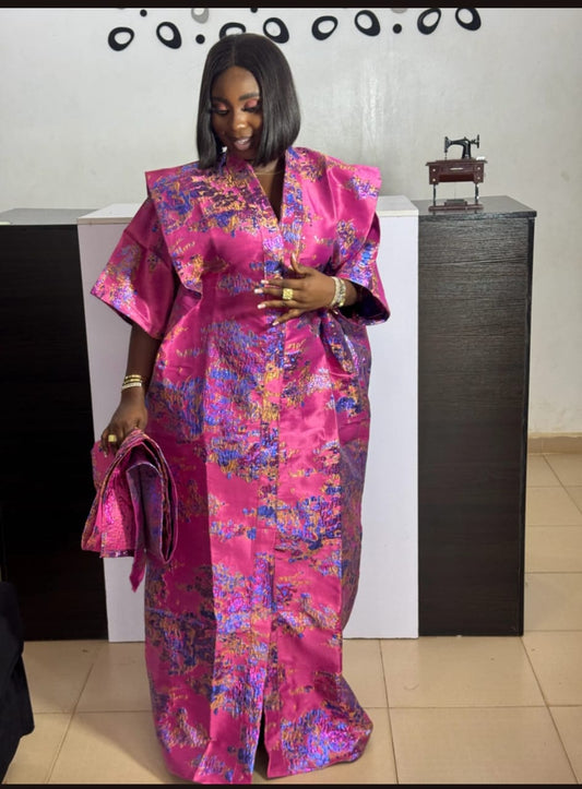 Luxury Brocade Fabric – Fuchsia Pink with Multicolor Detailing & Headwrap