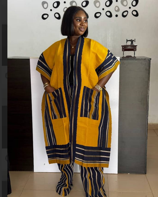 Yellow and Black Traditional Aso Oke Two-Piece Set – African Handmade Kaftan & Trousers with Tassels | Unisex Agbada-Inspired Outfit