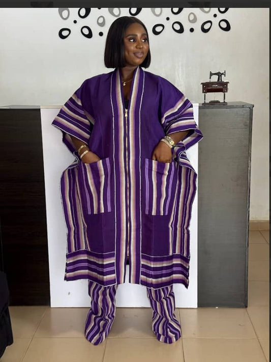 Traditional Aso Oke Two-Piece Set – African Handmade Kaftan & Trousers Unisex Agbada-Inspired Outfit