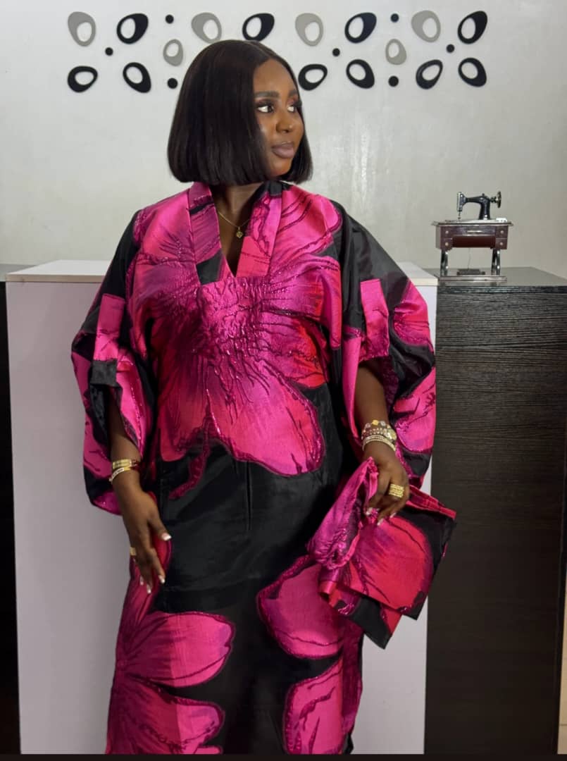 Pink and Black Floral Boubou Maxi Gown