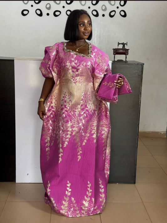 Elegant Brocade Boubou Gown – Pink & Gold Elegance