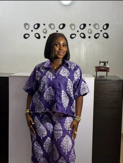 Purple Ankara Two-Piece Set: Handmade African Print Wide Leg Outfit Adire Ankara