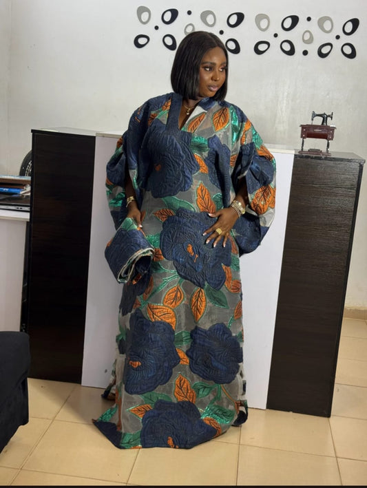 Floral Organza Boubou Gown: Handmade African Kaftan With matching Headwrap