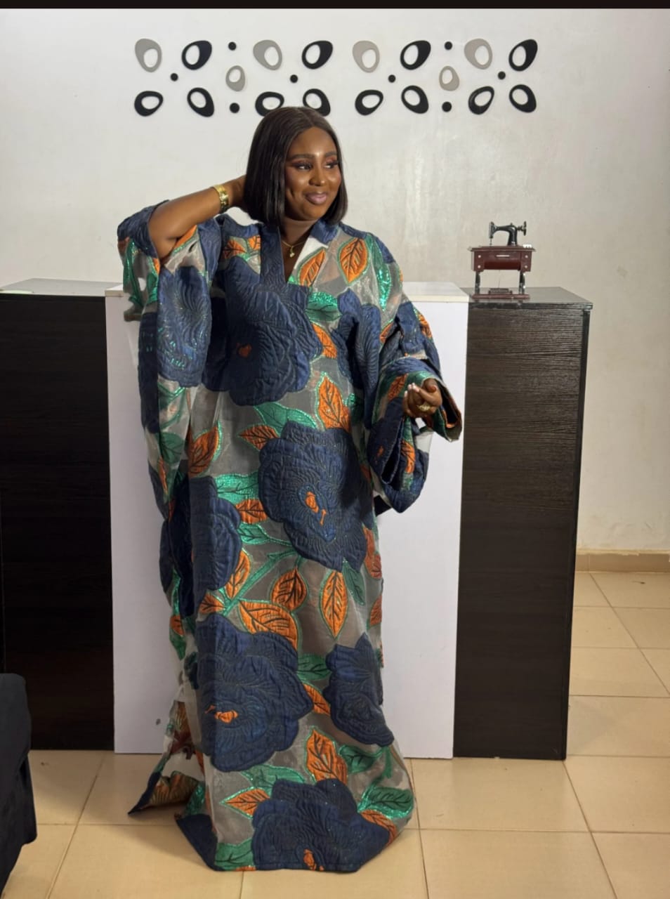 Floral Organza Boubou Gown: Handmade African Kaftan With matching Headwrap