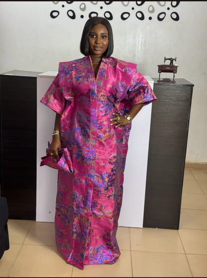 Luxury Brocade Fabric – Fuchsia Pink with Multicolor Detailing & Headwrap