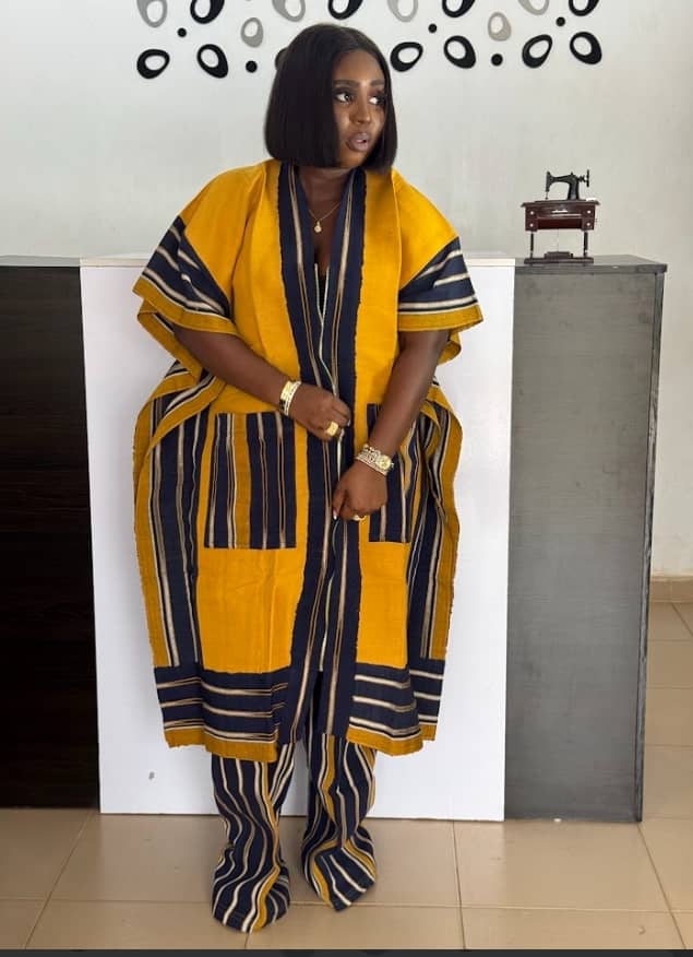 Yellow and Black Traditional Aso Oke Two-Piece Set – African Handmade Kaftan & Trousers with Tassels | Unisex Agbada-Inspired Outfit