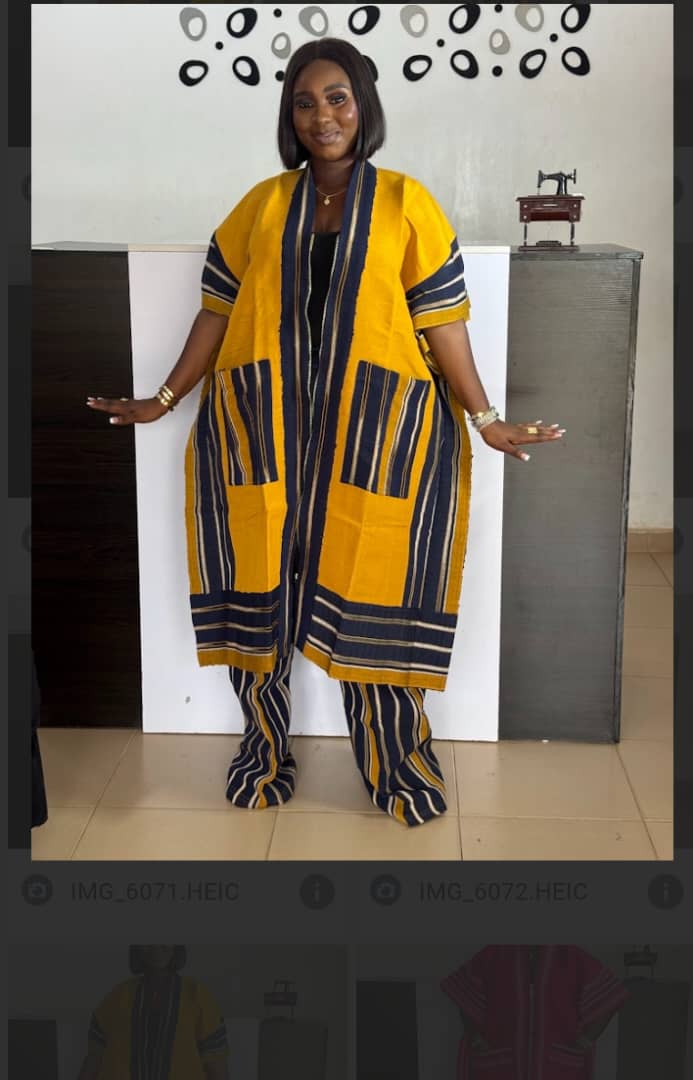 Yellow and Black Traditional Aso Oke Two-Piece Set – African Handmade Kaftan & Trousers with Tassels | Unisex Agbada-Inspired Outfit