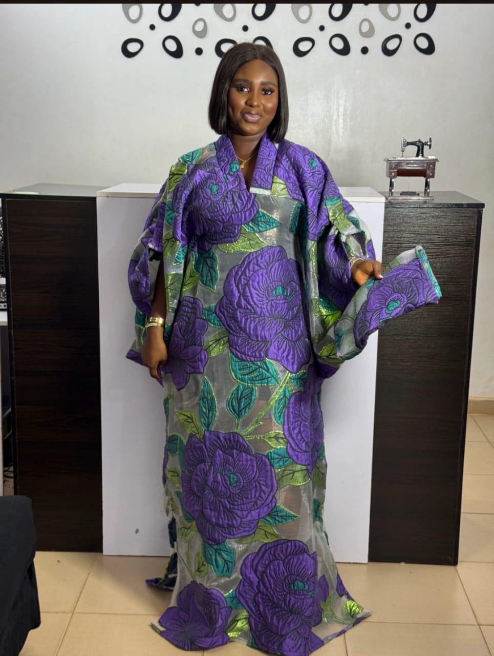 Purple Floral African Kaftan Dress – Elegant Boubou Maxi Gown for Women & Headwrap