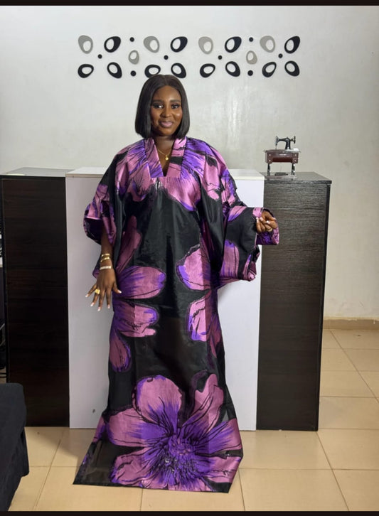 Floral African Boubou Gown: Sheer Overlay Ruffle Dress |Black and Purple Floral African Kaftan Dress – Elegant Embroidered Boubou Maxi Gown