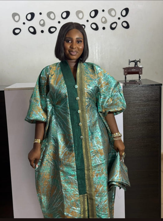Brocade African Boubou Gown: Sheer Overlay Ruffle Dress & Headwrap