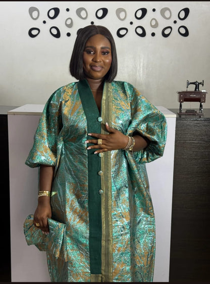 Brocade African Boubou Gown: Sheer Overlay Ruffle Dress & Headwrap