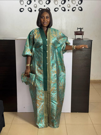 Brocade African Boubou Gown: Sheer Overlay Ruffle Dress & Headwrap