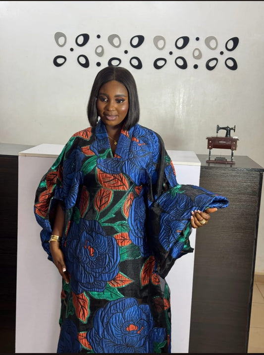 Floral African Boubou Gown: Sheer Overlay Ruffle Dress & Hwadwrap