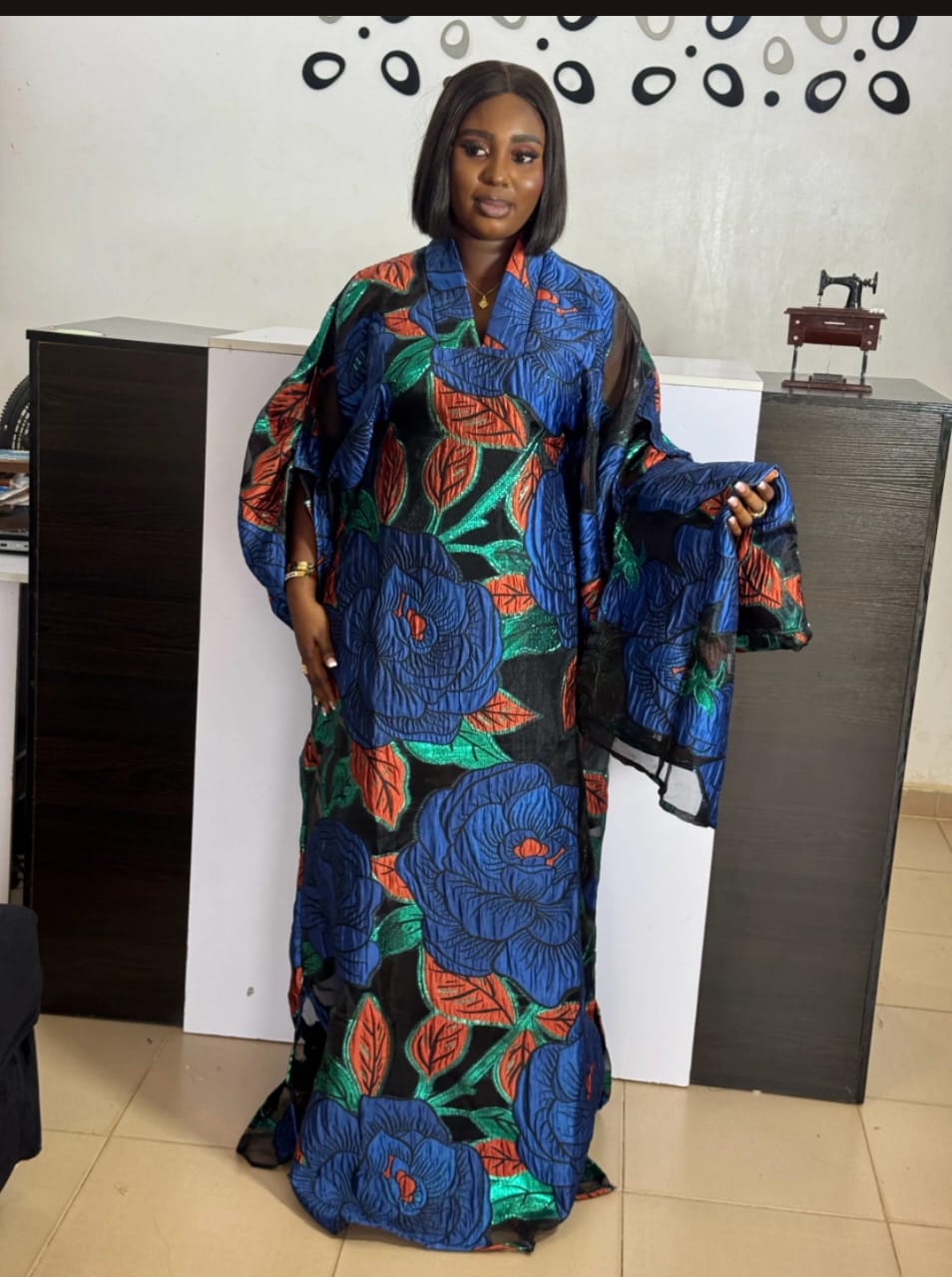 Floral African Boubou Gown: Sheer Overlay Ruffle Dress & Hwadwrap