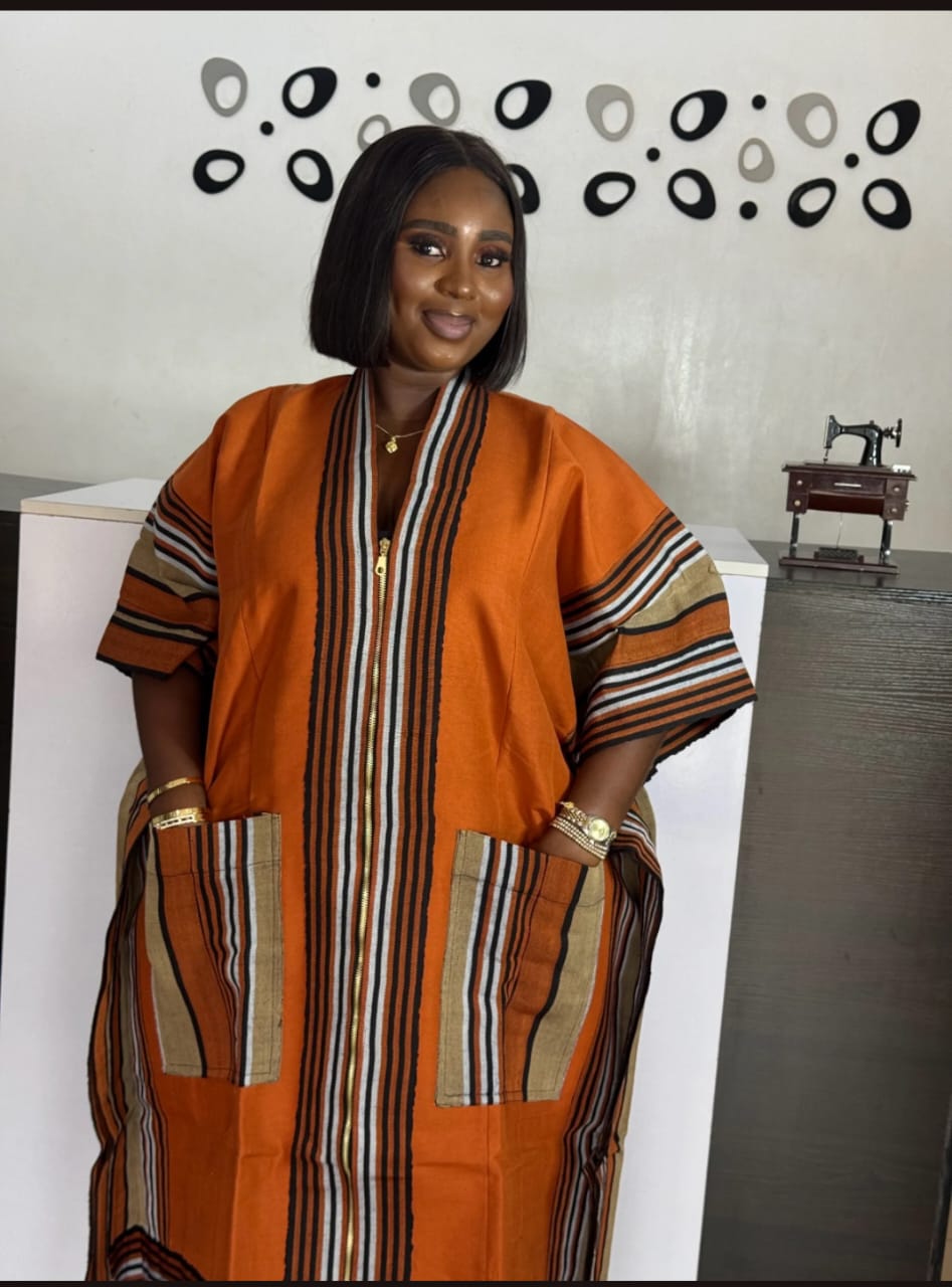 Traditional Aso Oke Two-Piece Set – African Handmade Kaftan & Trousers with Tassels | Unisex Agbada-Inspired Outfit Orange Kaftan  Two Pieces Set