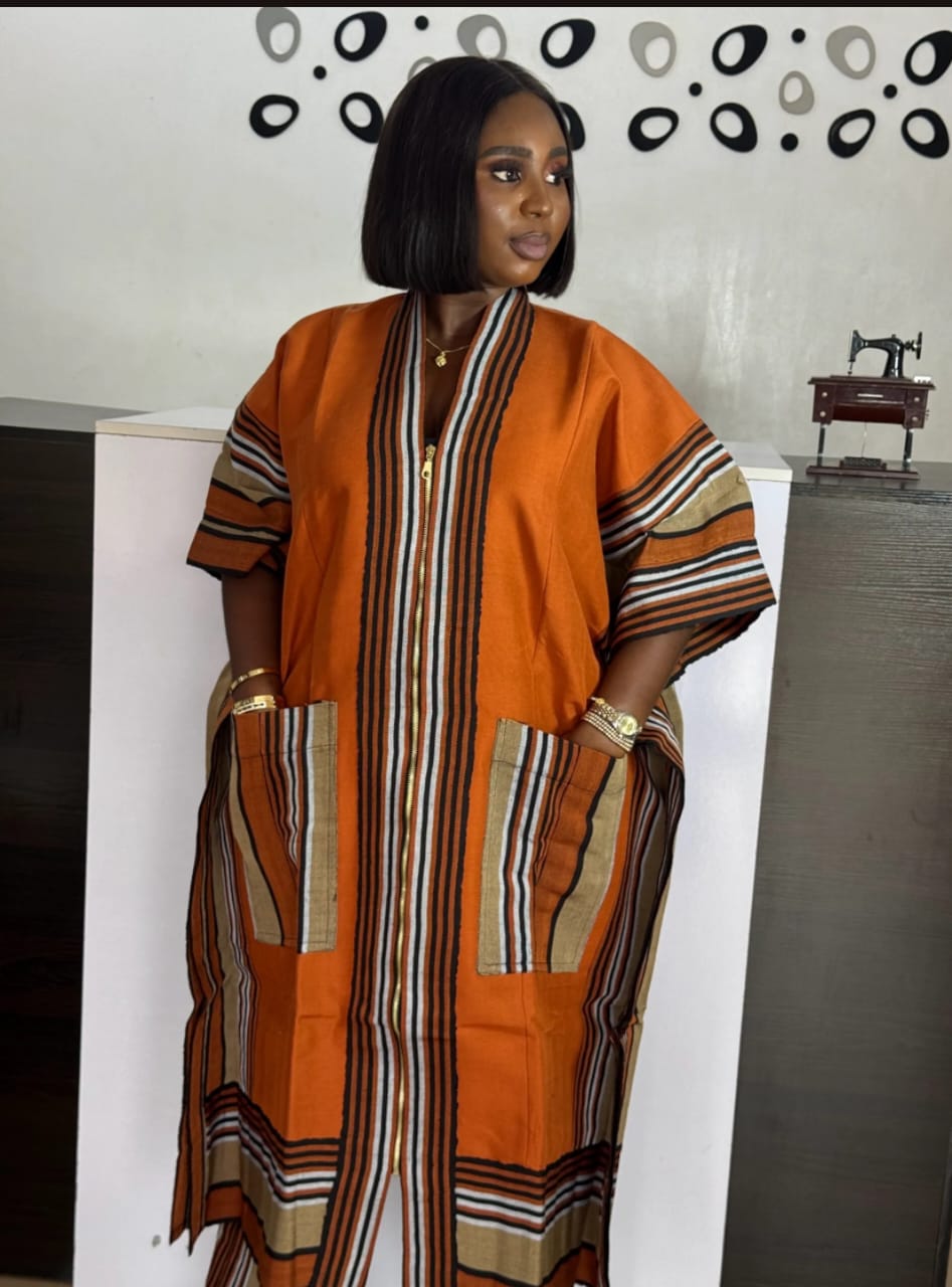 Traditional Aso Oke Two-Piece Set – African Handmade Kaftan & Trousers with Tassels | Unisex Agbada-Inspired Outfit Orange Kaftan  Two Pieces Set