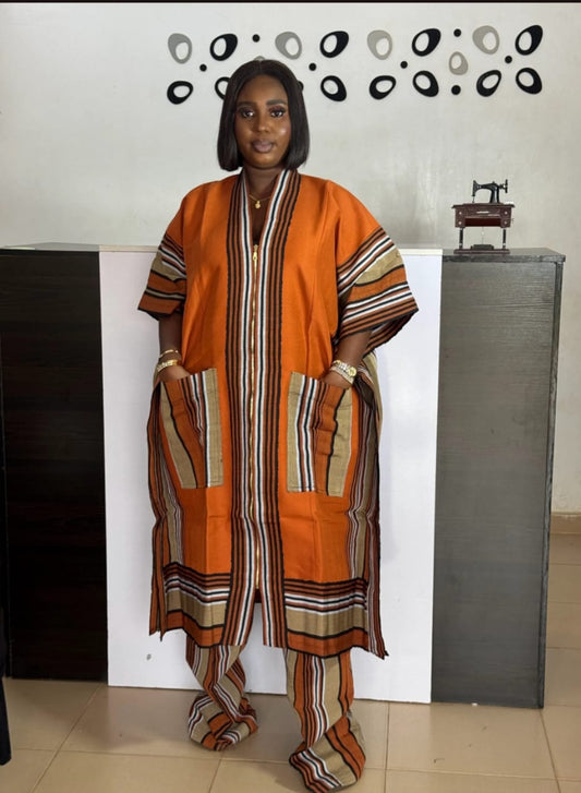 Traditional Aso Oke Two-Piece Set – African Handmade Kaftan & Trousers with Tassels | Unisex Agbada-Inspired Outfit Orange Kaftan  Two Pieces Set